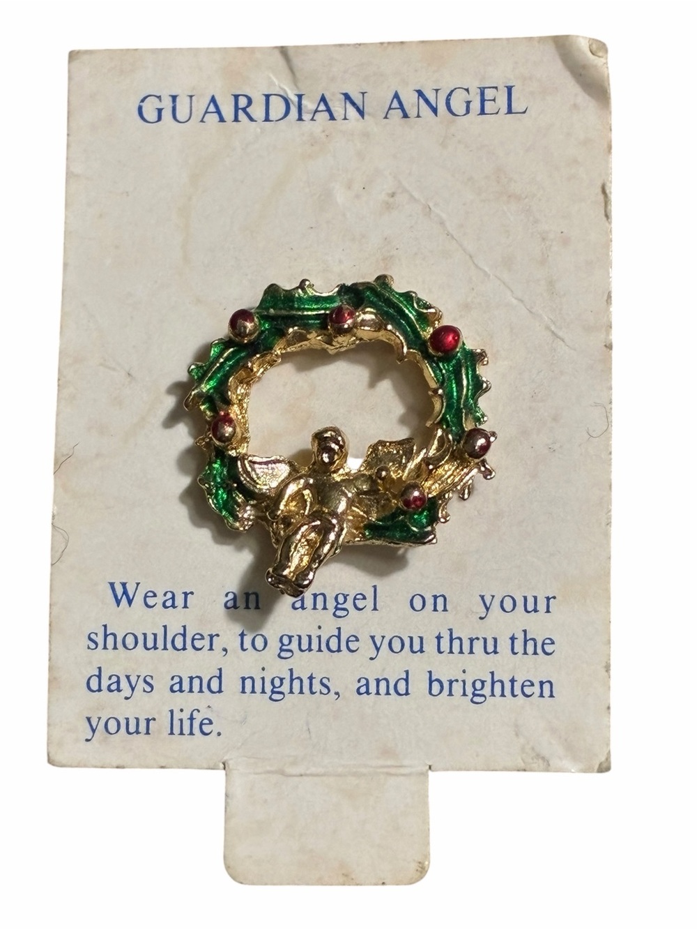 Vintage Gold & Green Wreath Angel Brooch
